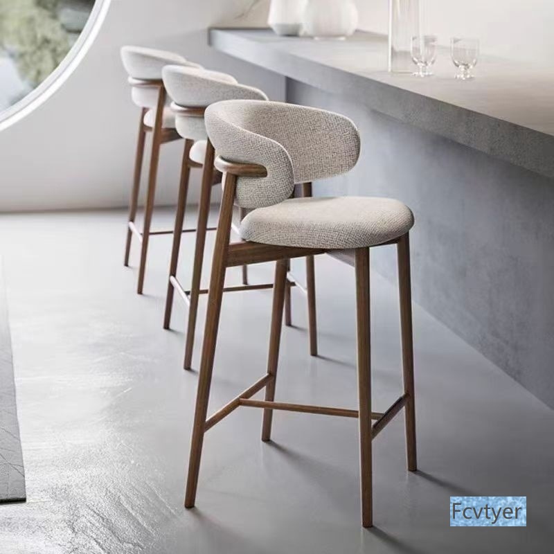 Designer Nordic Bar Stool with Backrest, High-Legged Solid Wood Stool, Light Luxury Chair, Modern Minimalist Home Use