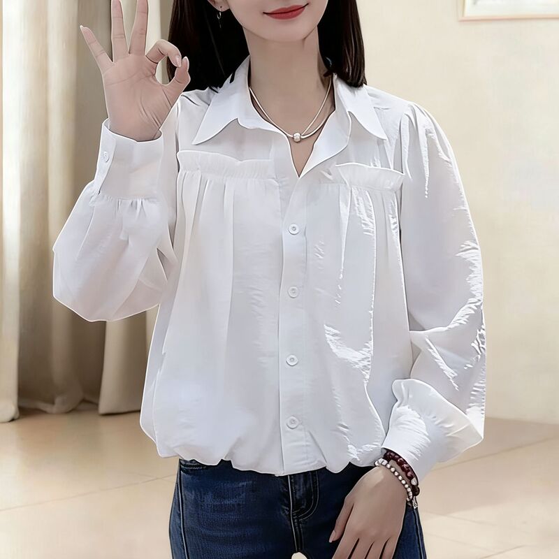 Fashionable Polo Collar Buttoned Patchwork Solid Color Inner Shirt, Spring Season Plus-Size Loose Fit Slimming Women's Age-Reducing Top Trendy