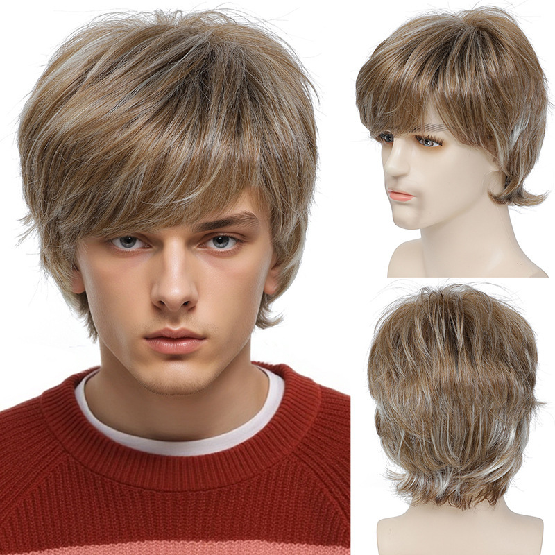 European and American Blonde Prince Wig for Stage Performance, Foreign Men's Cosplay Wig with Side Bangs, Full Head Cover Wig