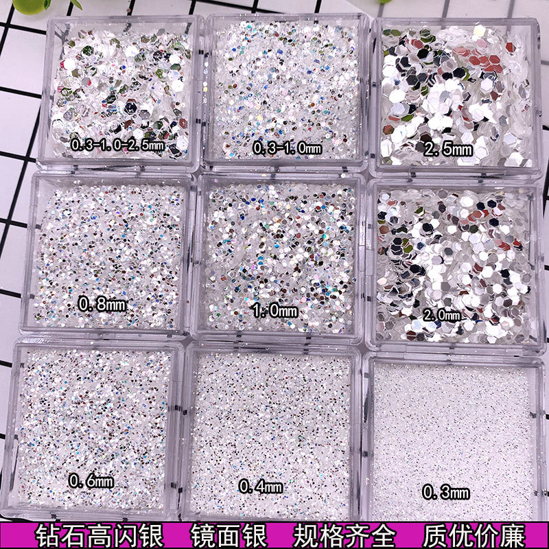 Diamond high-sparkle silver mirror silver wedding dress flowing linen flowing sand epoxy nail art stickers DIY handmade glitter sequins