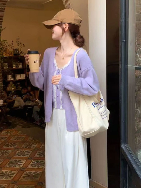 小香风针织套装女2025新款早秋季紫色毛衣外套开衫吊带背心两件套|undefined