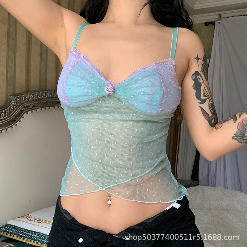 Sweet and youthful polka dot mesh faux two-piece camisole with low neckline, lace trim, bust-enhancing design, and waist-cinching short style Sweet and youthful polka dot mesh faux two-piece camisole with low neckline, lace trim, bust-enhancing design, and waist-cinching short style