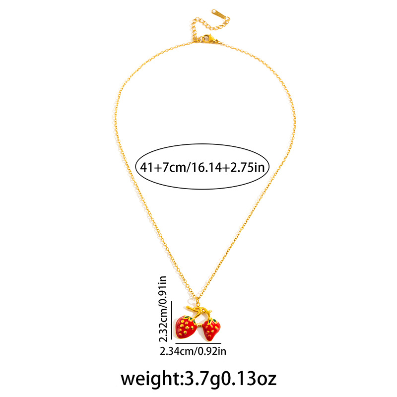 8g Weight 0.03µm Gold Plating Thickness Electroplated Gold Plating Process Golden Plated Plating Material 201 Stainless Steel Pendant Material Pendant Necklace Classification 201 Stainless Steel Chain Material cable chain Chain Type 1 Piece Quantity Holiday, Daily Occasion 201 Stainless Steel Material Strawberry Pattern Women's Gender Cute Style Plating Craft Elegant Red Double Strawberry Necklace For Women Titanium Steel Luxury Design Clavicle Chain Fashionable Jewelry Accessory 13