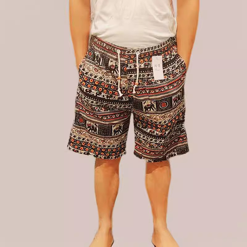 Summer Men's Cotton Linen Casual Shorts, Elephant Style, Ethnic Style, Thin Beach Shorts, Casual Travel, Chinese Style, Rafting, 5-Point Pants