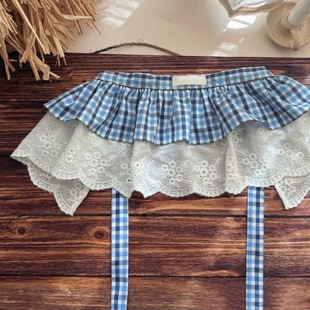 Girls' Sweet Lace Layered Butt Curtain Summer Baby Girl's Cute Splicing Blue Plaid Pleated Cake Skirt