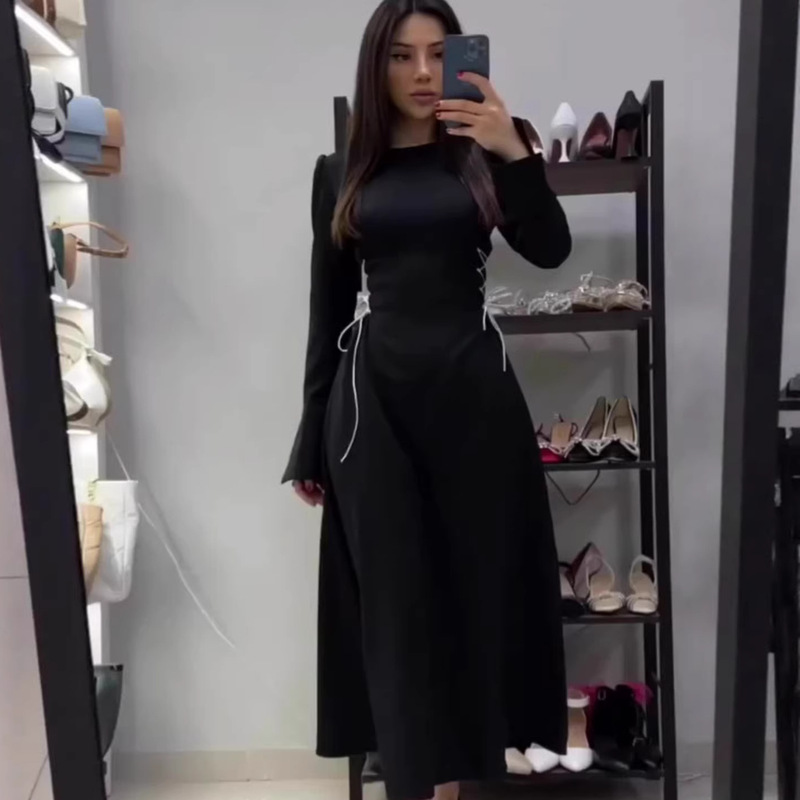 2025 Amazon Long-Sleeve Round-Neck Dress with a Feminine Design, New Lace-Up Style, Waist-Cinching, Autumn European Style, Bell Sleeves 2025 Amazon Long-Sleeve Round-Neck Dress with a Feminine Design, New Lace-Up Style, Waist-Cinching, Autumn European Style, Bell Sleeves