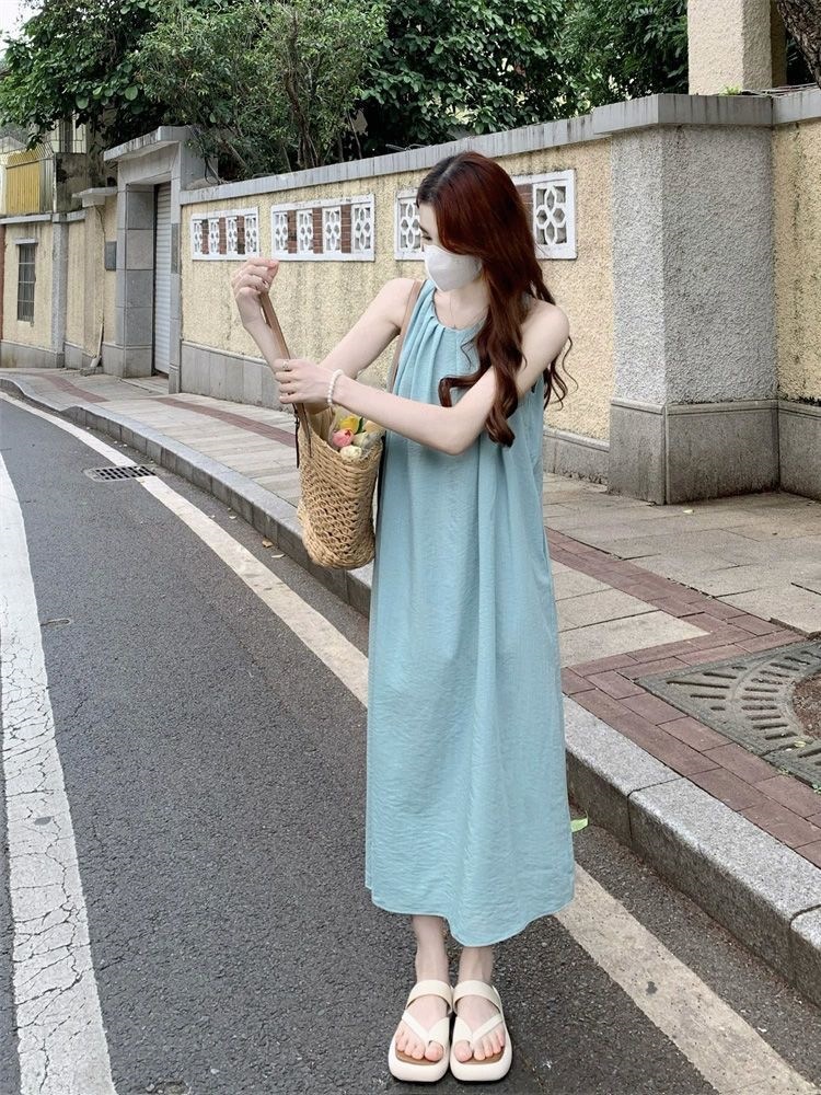 Đầm maxi nữ mùa hè dáng suông tay vest, phong cách nghỉ mát bãi biển — Xanh lá cây nhạtcolor chi tiết 5