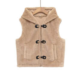 欧美女装秋冬时尚绳结扣饰抓绒背心马夹短款毛毛连帽马甲 6318281