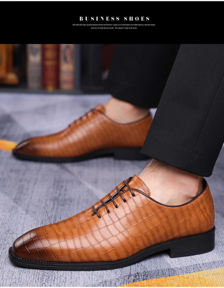 Giày da nam công sở buộc dây vân da rắn, mũi nhọn, cổ thấp, đế cao su êm chân — Giày một lớp màu xanh lam, Giày một lớp màu xám, Giày một lớp màu đen, Giày một lớp màu đỏ chi tiết 5