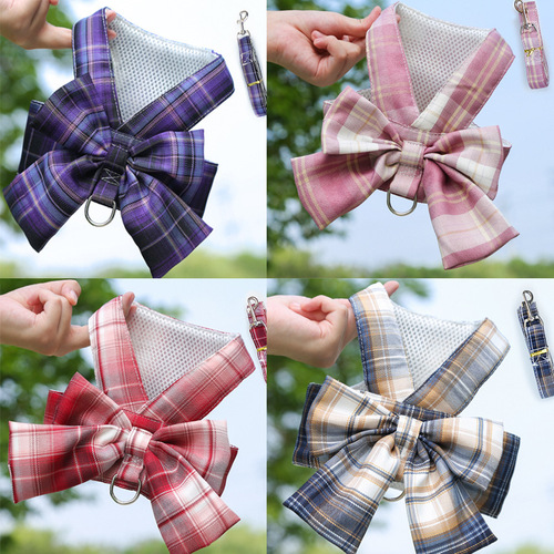 Pet Dog Cat JK Grid Backless Harness Lead Teddy Clothes Bichon Skirt Chest Harness Dog Leash Supplies