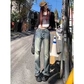 美式复古蓝色直筒牛仔裤女秋季低腰显瘦垂感弹力拖地裤子