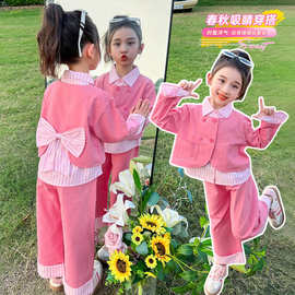 2025女童套装春秋款新款时尚小女孩条纹大蝴蝶结两件套中小儿童装