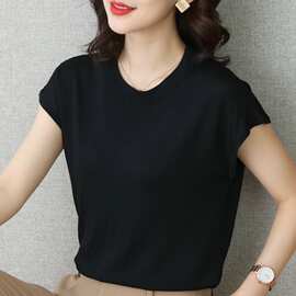 冰丝短袖T恤女夏季新款圆领宽松百搭半袖打底衫薄款曲珠针织上衣