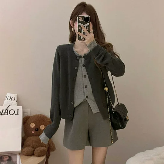 Свитер, осенний набор с круглыми воротом, кардиган, премиум-класс,Slim fit