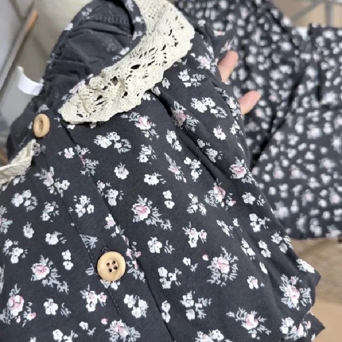 ins日系甜美碎花云朵棉睡衣女带胸垫春秋长袖蕾丝花边家居服套装|undefined