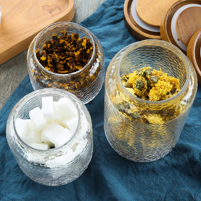 Tarro sellado de vidrio martillado de estilo japonés Tarro de almacenamiento de tapa de madera de acacia Tarro de almacenamiento vintage