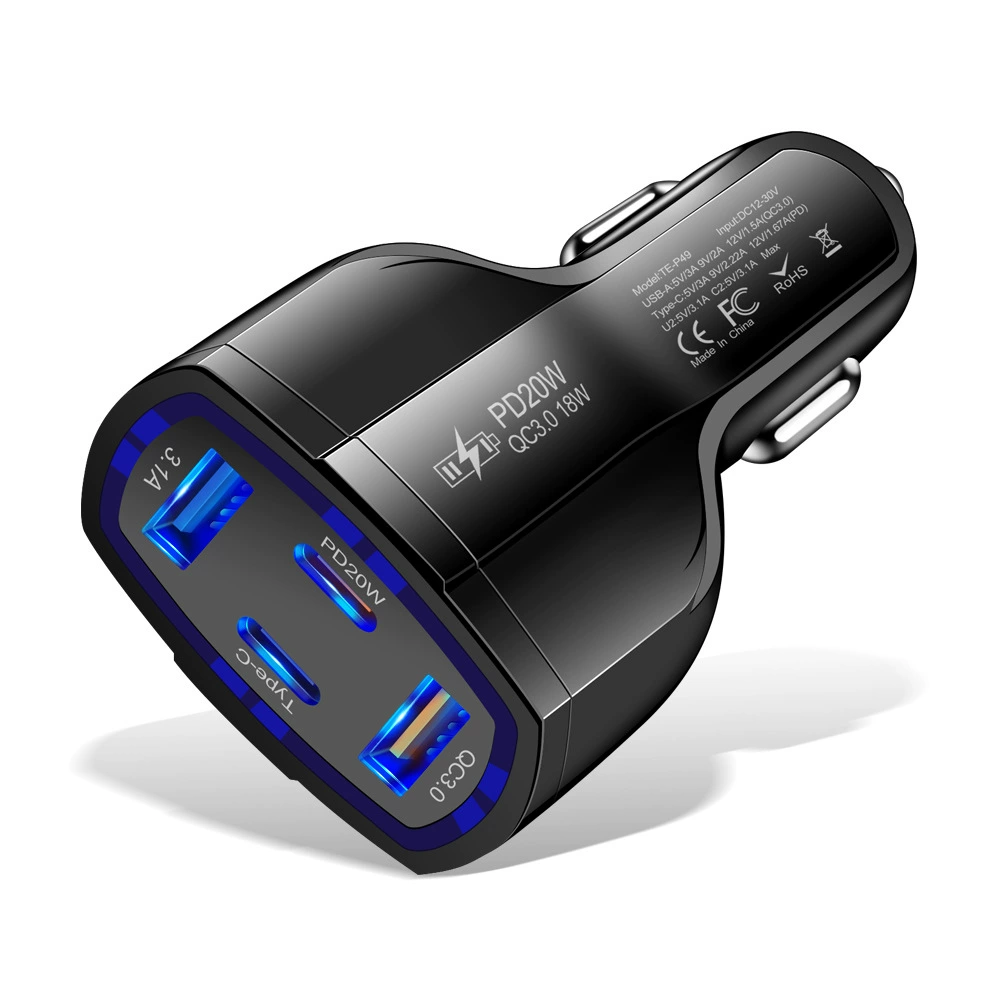 Автомобильное зарядное устройство 20W PD, 2USB+2PD, одновременная быстрая зарядка для четырёх устройств, прикуриватель в авто