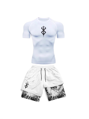Men's Summer Casual Fitness Training Sport Short Sleeve Short Shorts Two-Piece Set with European and American Trend Prints