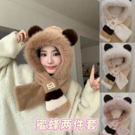可爱小熊帽子蜜蜂围巾一体两件套冬季加绒保暖毛绒帽豹纹围巾连帽