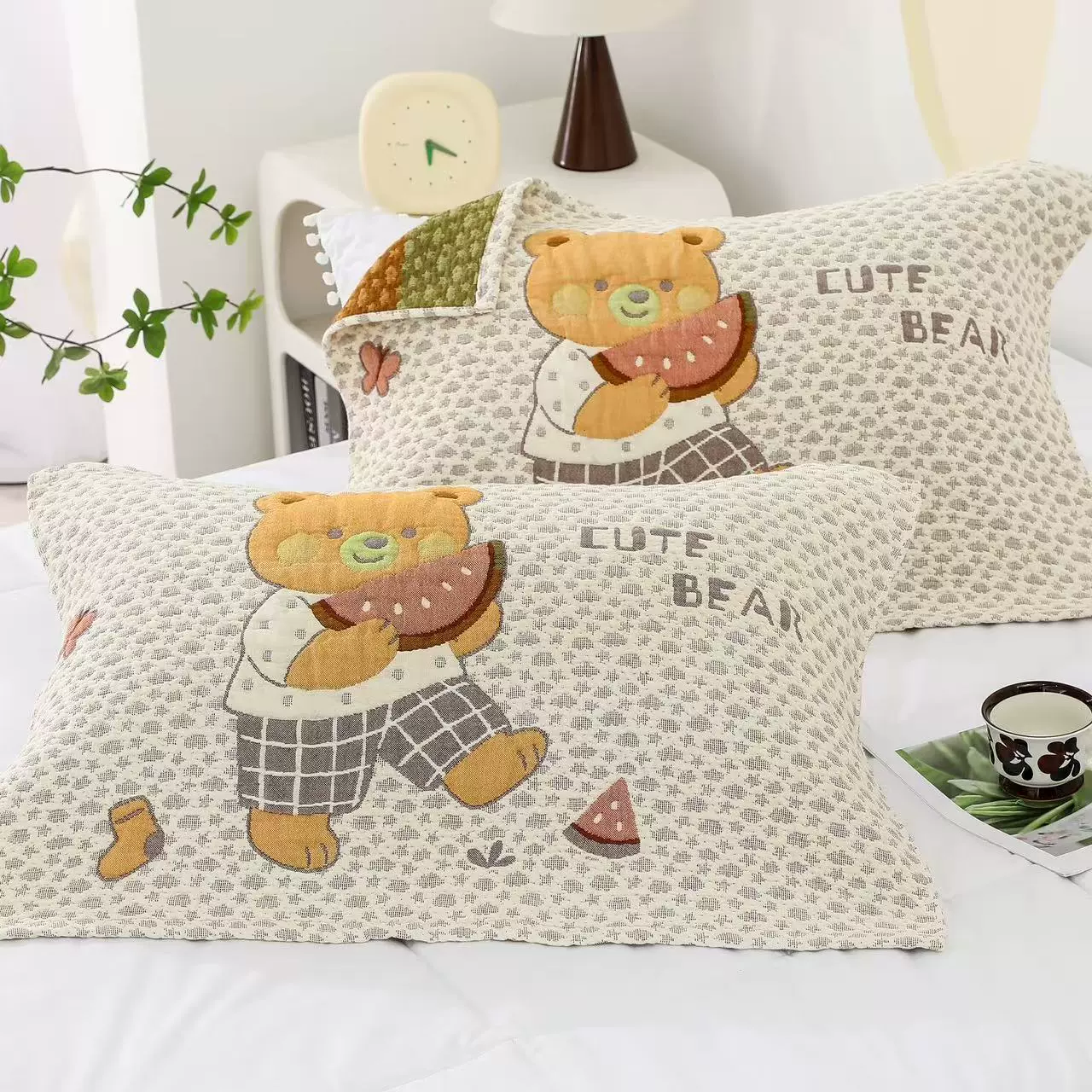 韩版泡泡纱棉纱布枕巾一对装全棉成人枕头巾吸汗透气学生卡通枕巾