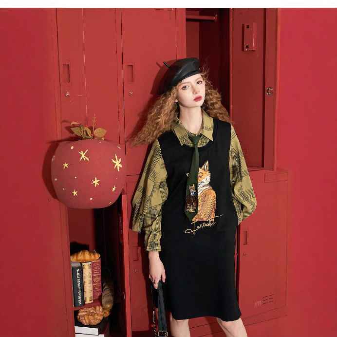 Fake Two-Piece Shirt Dress for Women 2025 Autum New Splicing Plaid Knitted Preppy Style Long Skirt for Small People Fake Two-Piece Shirt Dress for Women 2025 Autum New Splicing Plaid Knitted Preppy Style Long Skirt for Small People