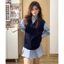 森系复古甜美学院风条纹设计感连衣裙女学生秋冬外搭马甲两件套装