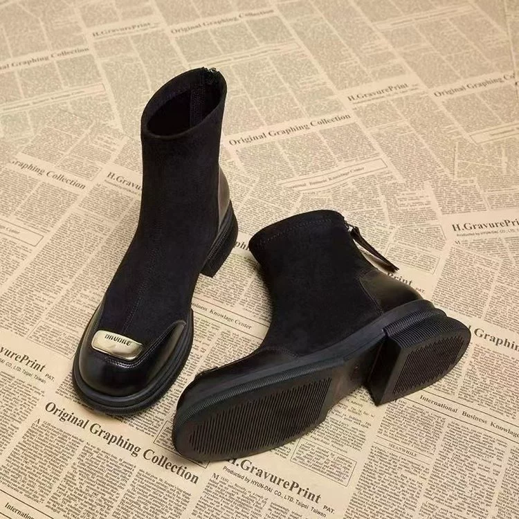 Французские короткие сапоги женские 2024 осень и зима новые дикие эластичные сапоги иностранные сапоги Martin модные короткие трубочки тонкие хлопковые сапоги