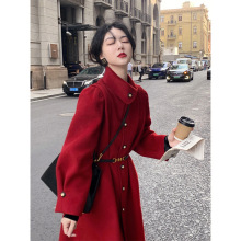 8673YD款赫本风复古呢子大衣高级感红色长款收腰毛呢外套女秋冬季