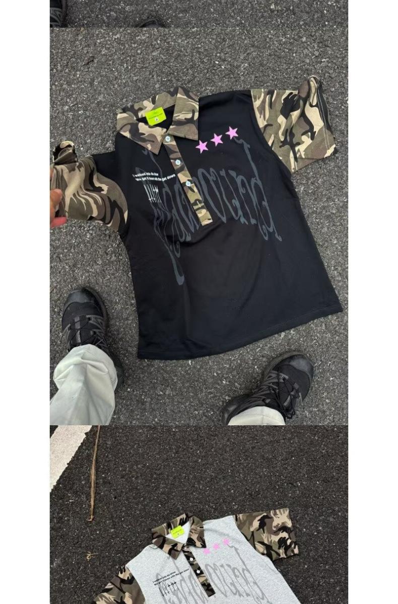 Men's Clothing Men's Hip Hop Camouflage Patchwork Collared Short Sleeve T-Shirt Trendy Streetwear Loose Fit Casual Five Quarter Sleeve For Couples_viptrois.com