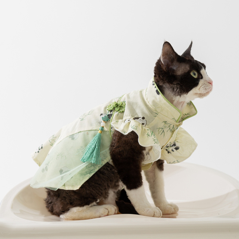 Primavera y verano gato estilo nacional estilo chino hebilla hoja de bambú vestido de panda gato sin pelo traje de pareja camisa ropa para mascotas