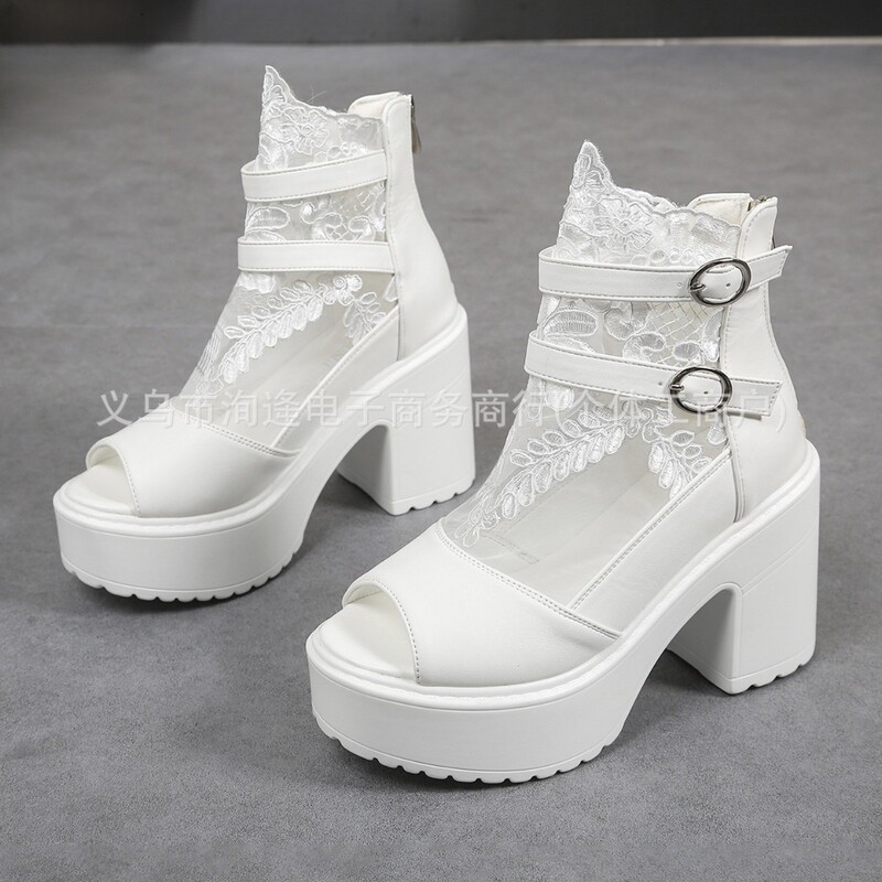Women's chunky-heeled, open-toe sandals, 2026 summer new collection, versatile and fashionable lace and mesh thin-strap ankle boots, thick-soled sandals