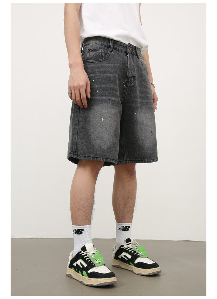 Quần short denim nam ống rộng lửng trên gối, họa tiết vệt sơn mực kiểu đường phố — Xanh lam nhạt, Đen xám chi tiết 7
