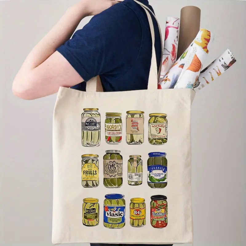 Botellas enlatadas de pepino transfronterizas impresas, bolsos de lona de gran capacidad, bolsos de hombro perfectos para compras