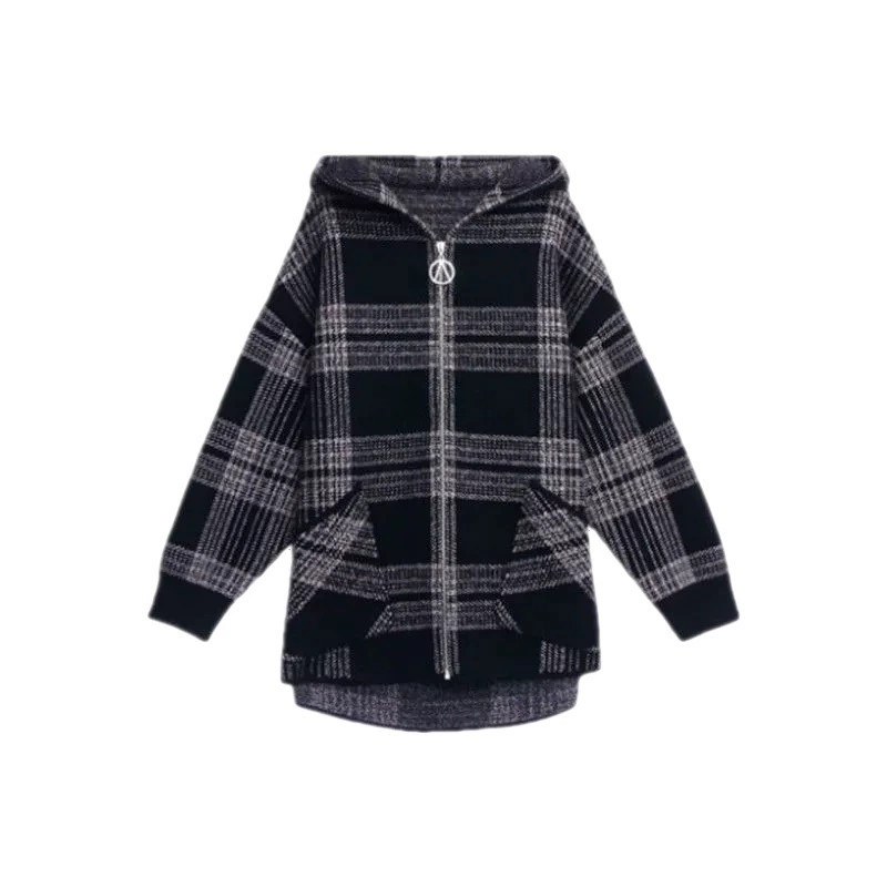 Korean Style Demi-Season Long Jacket for Teens, Mid-Length, Loose Fit, Black Plaid