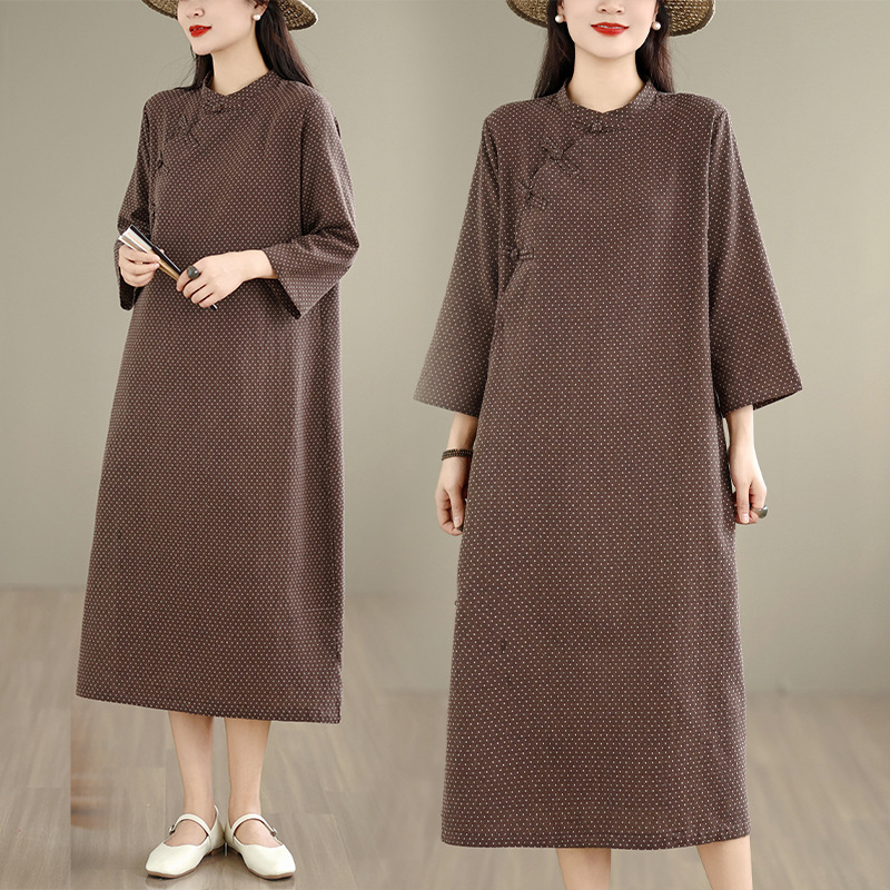 Open-Front Three-Quarter Sleeve Dress 2026 Summer Style Cotton-Linen Jacquard Improved Cheongsam Zen Tea Dress Long Dress Open-Front Three-Quarter Sleeve Dress 2026 Summer Style Cotton-Linen Jacquard Improved Cheongsam Zen Tea Dress Long Dress