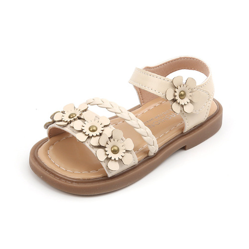  new summer girls' woven sandals, children's flower princess shoes, middle and large children's campus soft-soled beach shoes