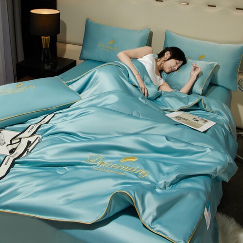 Embroidered quilt summer washed ice silk air-conditioned quilt summer cool quilt light luxury three-piece set four-piece pillowcase summer summer dormitory