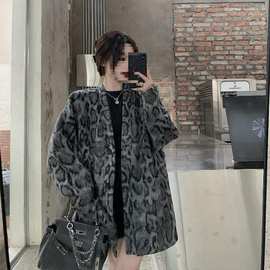 夹棉毛呢子女秋冬新款灰色豹纹韩版宽松小个子中长款百搭大衣