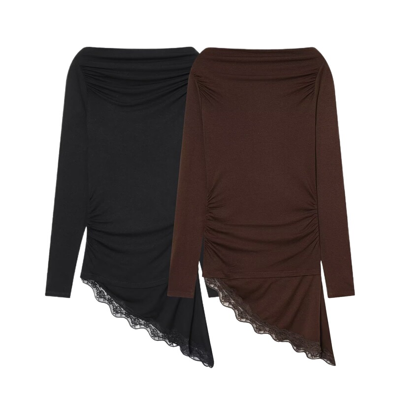 Cross-Border Wholesale Women's New Style Boat Neck Pleated Lace Patchwork Asymmetrical Hem Slim Fit T-Shirt 0085852