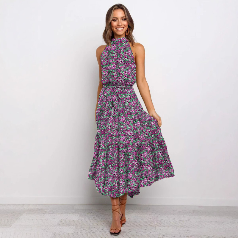 2025 women's dress new hanging neck wave printing lace-up dress