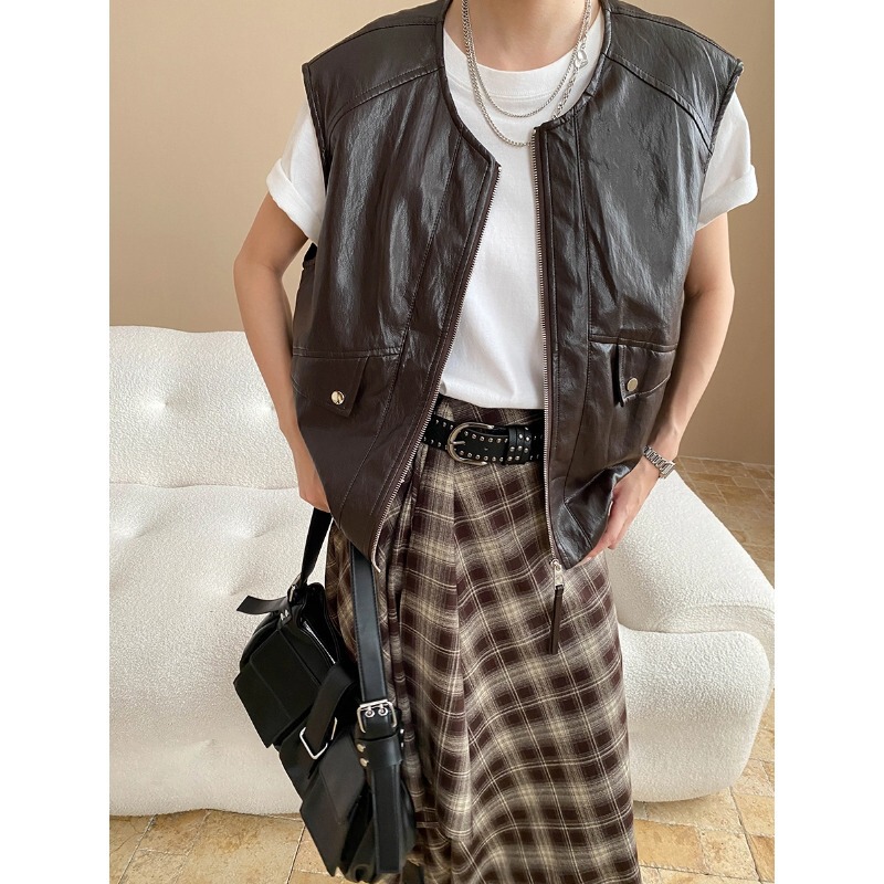 Sinan Old Money Style American Retro Pu Leather Round Neck Loose Waistcoat Leather Vest Sn8047