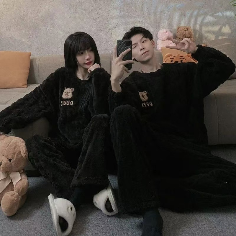 가을 | 겨울 2024 산호 양털 커플 잠옷 기모 두꺼운 부부의 웃는 얼굴 홈 옷 세트 따뜻한 착용