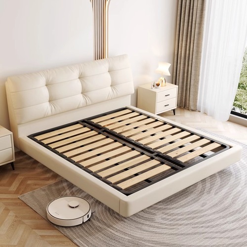 Floating leather bed Italian minimalist top layer cowhide bedroom Double smart bed Master bedroom Queen bed Down soft package Wedding bed