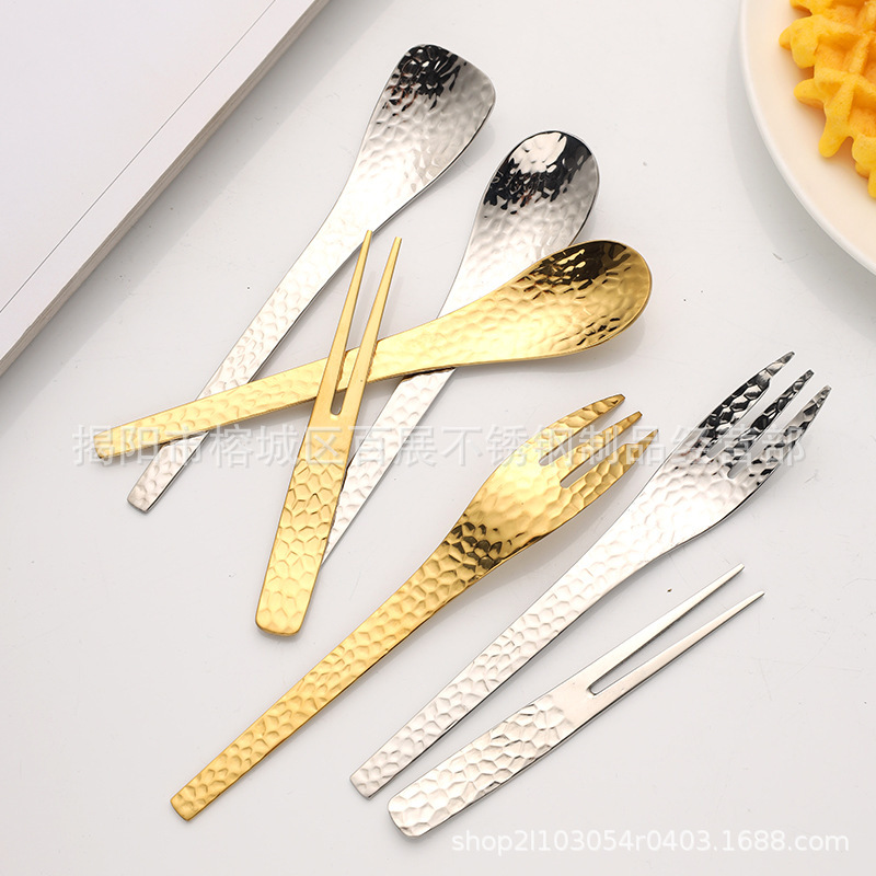 Hammer Pattern Stainless Steel 304 Golden Western Dessert Fork Spoon Dessert Cake Hammer Print Fruit Fork Bird's Nest Ice Cream Spoon