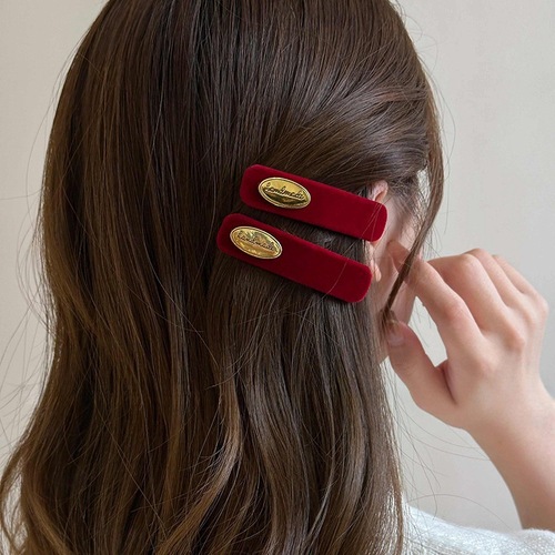 French retro gold label velvet hair clip one-word clip high-end side clip bangs clip simple temperament hair clip hair accessory