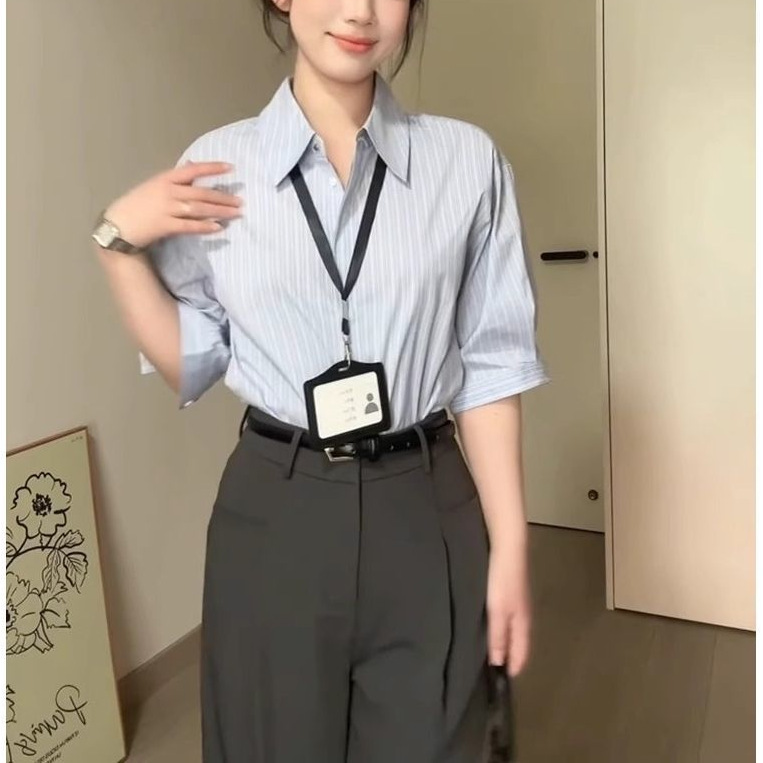 法式蓝色条纹衬衫女夏季新款简约高级感通勤职业面试气质小众套装|undefined