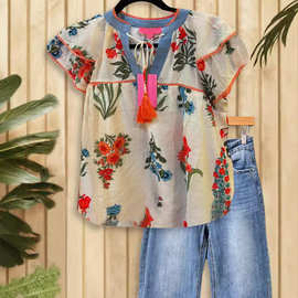 欧美亚马逊跨境女装花卉荷叶边上衣女夏季拼接套头飞飞袖女衬衫