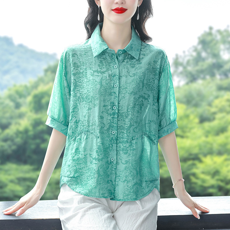 女性用テンセル薄手半袖シャツ、夏の新しいスタイル、ファッショナブルな気質のシャツ、ゆったりお腹カバー、ママの綿麻トップス|undefined