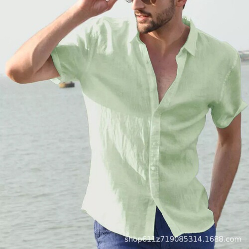 European and American men's summer new style pure color short-sleeved lapel fashionable cardigan casual thin shirt for men