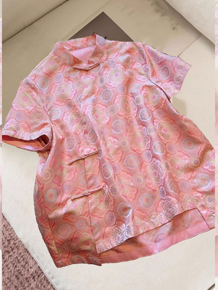 Áo sơ mi cách tân nữ phong cách Trung Quốc, tay dài, khóa cài, chất liệu Song Cẩm — Màu như hình chi tiết 3
